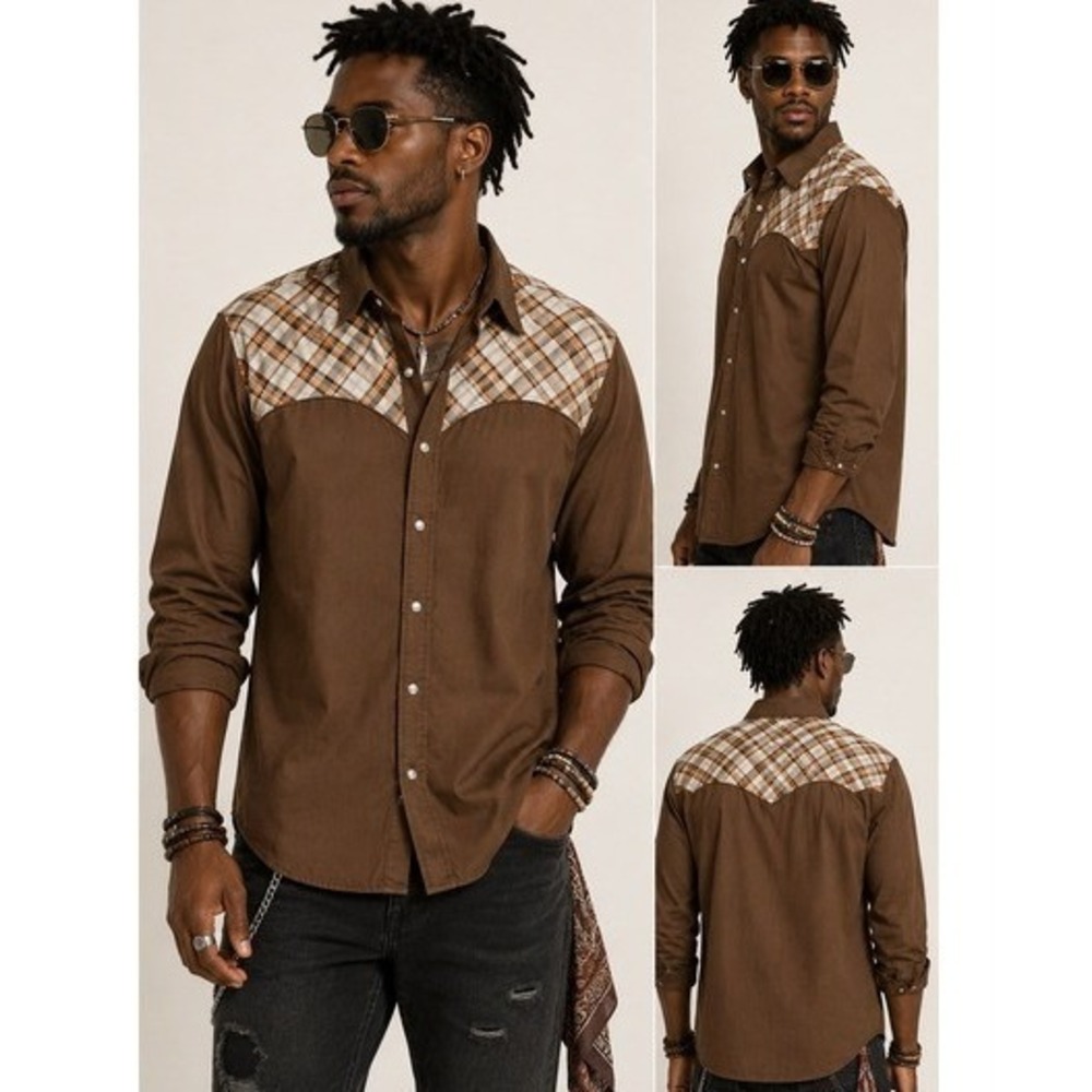Vintage Sears Western Wear Pearl Snap Shirt Brown Plaid XL 17-17.5 Cowboy USA
